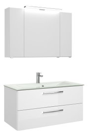 Moderner weißer Badblock mit Spiegelschrank und Waschbecken, Frontansicht