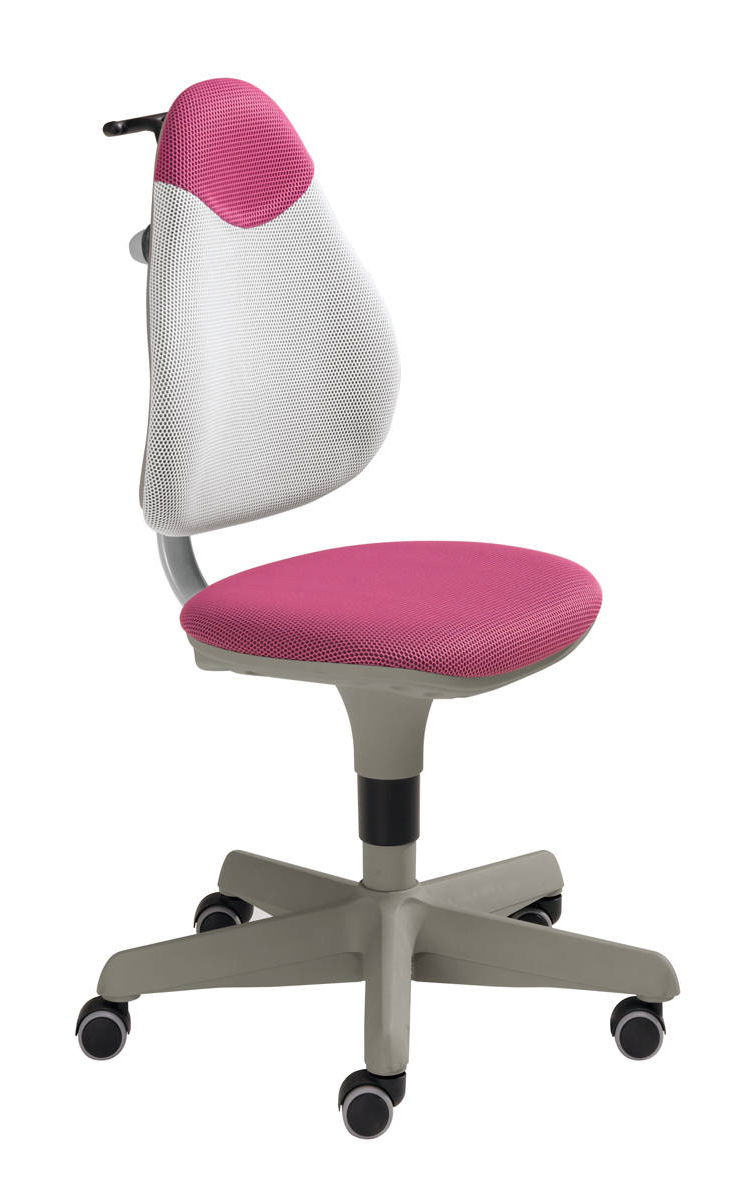 Moderner Jugenddrehstuhl mit pinkem Sitz und Rückenlehne, seitliche Perspektive