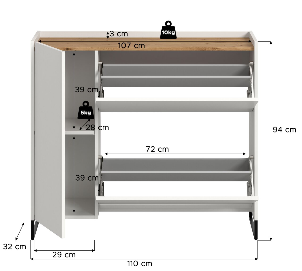 Weißer Schuhschrank mit Holzoptik-Deckplatte und geöffneten Klappfächern, Maße 110 x 94 cm, frontale Ansicht leicht von oben mit eingezeichneten Abmessungen und Belastungsangaben.