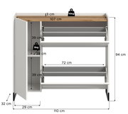 Weißer Schuhschrank mit Holzoptik-Deckplatte und geöffneten Klappfächern, Maße 110 x 94 cm, frontale Ansicht leicht von oben mit eingezeichneten Abmessungen und Belastungsangaben.