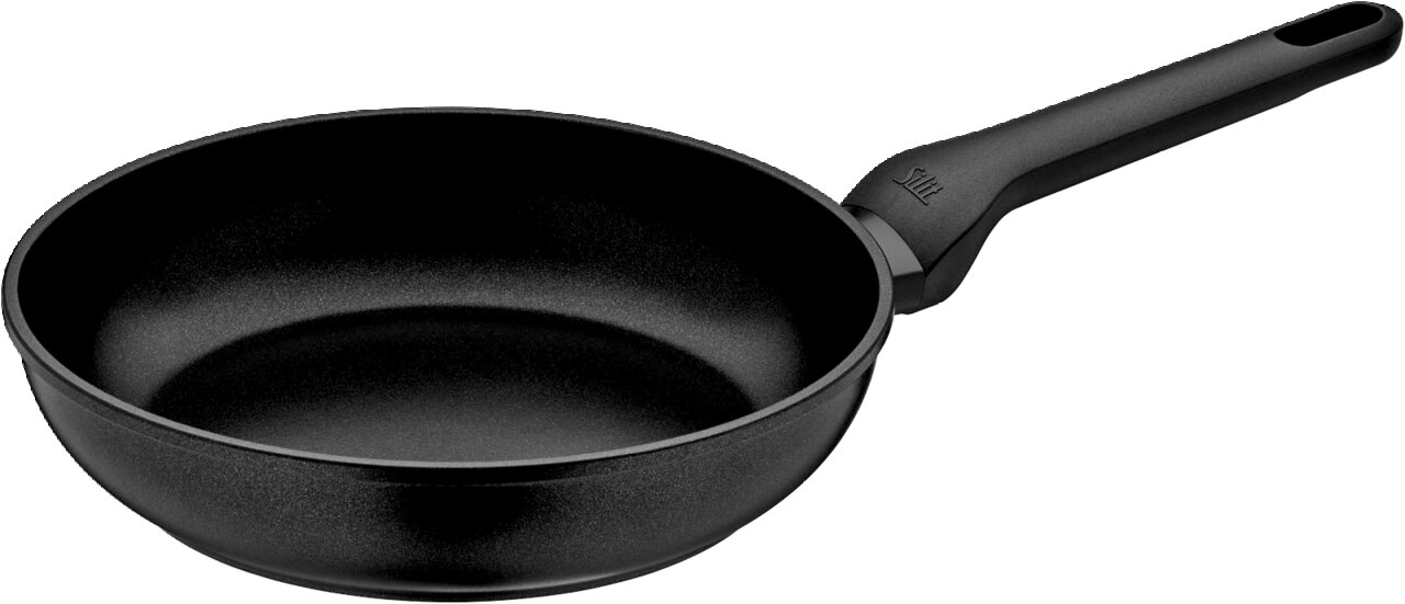 Schwarze Stielpfanne 24cm mit langem Griff, seitliche Perspektive