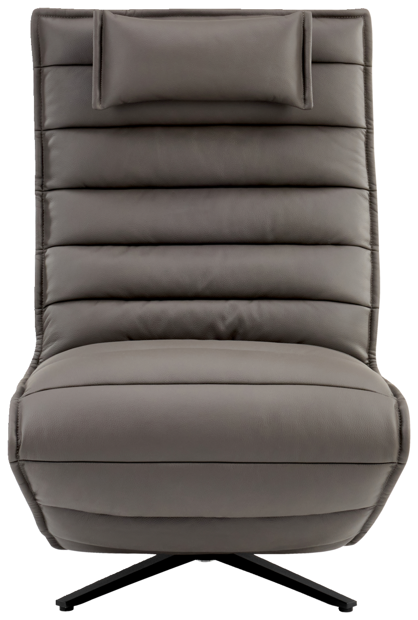 Frontansicht einer modernen Relaxliege mit gepolstertem, grauem Lederbezug und verstellbarem Kopfteil.