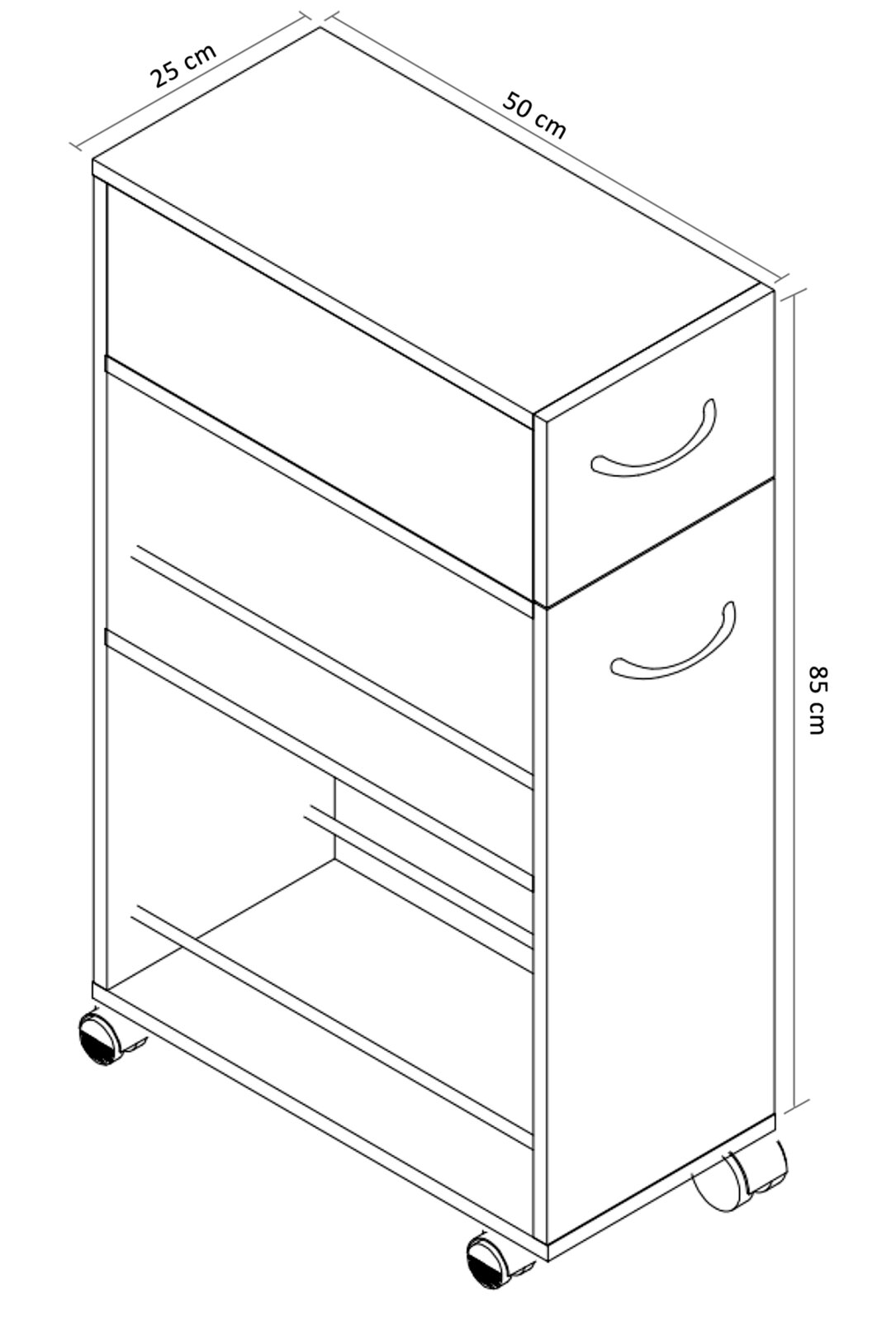 Technische Schrägansicht von oben auf einen schmalen Rollwagen mit zwei Schubladen, offenem Ablagefach und Rollen, Maße 50 × 25 × 85 cm