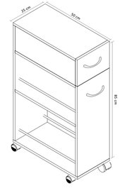 Technische Schrägansicht von oben auf einen schmalen Rollwagen mit zwei Schubladen, offenem Ablagefach und Rollen, Maße 50 × 25 × 85 cm