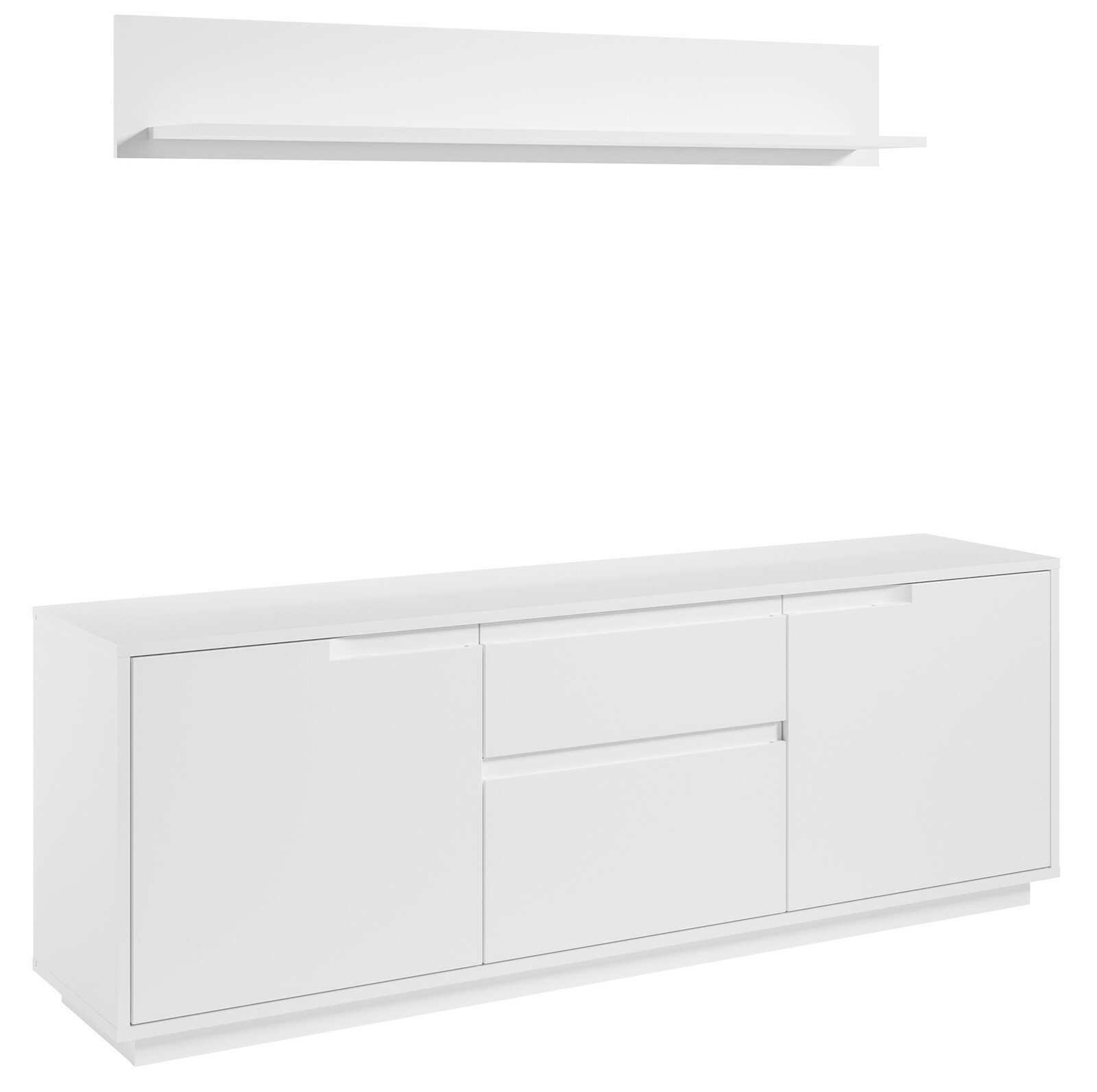 Z2 TV-Lowboard/Wandboard SANTANA Weißes TV-Lowboard mit zwei Türen und zwei Schubladen, darüber ein passendes Wandboard, seitliche Perspektive