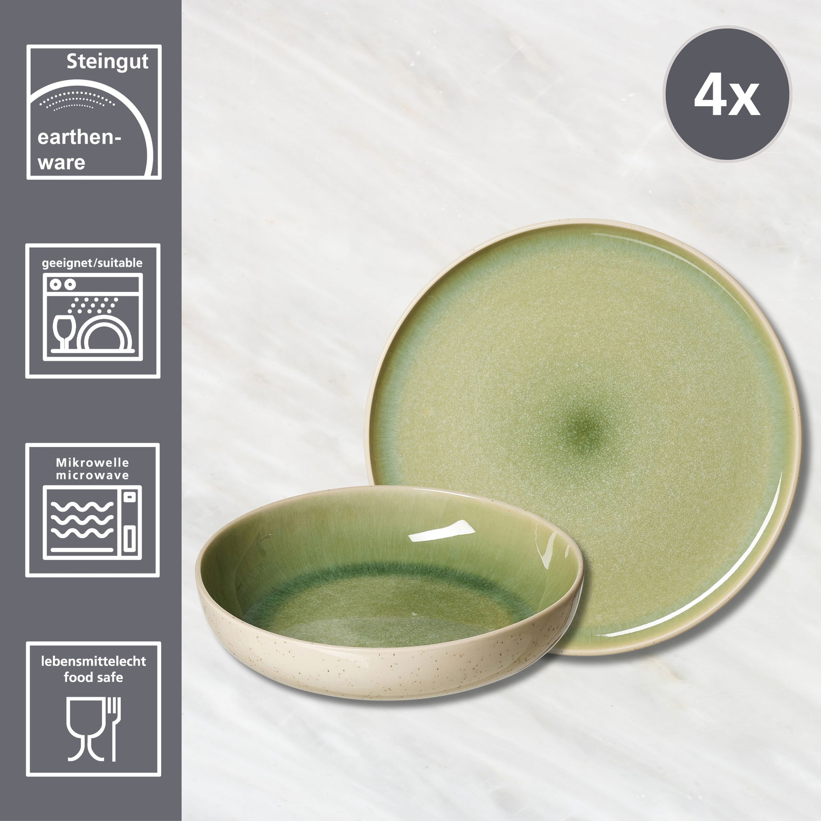 Tafelset 8-tlg in hellgrün aus Steingut, bestehend aus einem flachen Teller und einer Schale, geeignet für Spülmaschine und Mikrowelle, lebensmittelecht. Ansicht von oben.