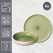 Tafelset 8-tlg in hellgrün aus Steingut, bestehend aus einem flachen Teller und einer Schale, geeignet für Spülmaschine und Mikrowelle, lebensmittelecht. Ansicht von oben.