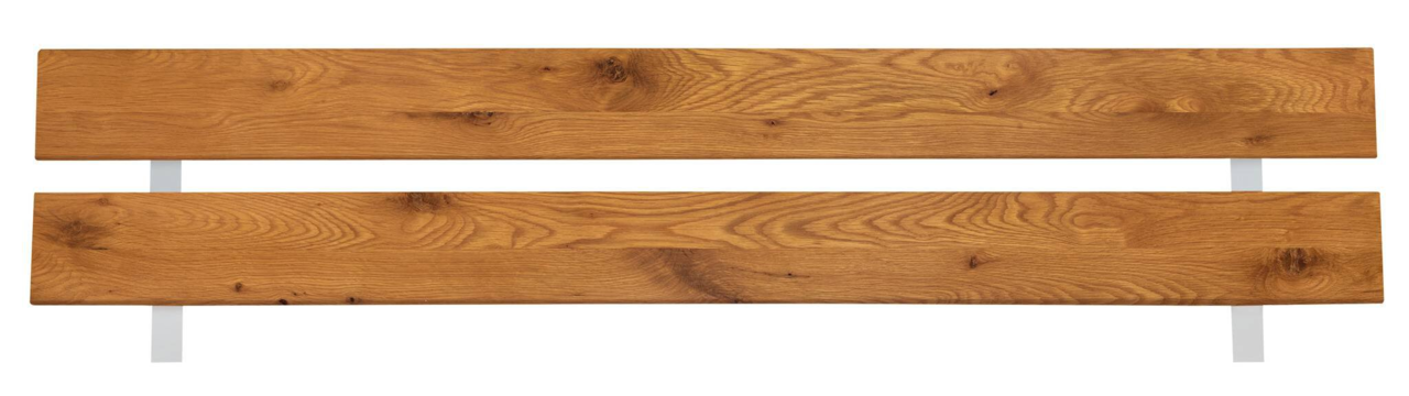 Holz- und Metallkopfteil in Frontalansicht mit natürlicher Holzmaserung.