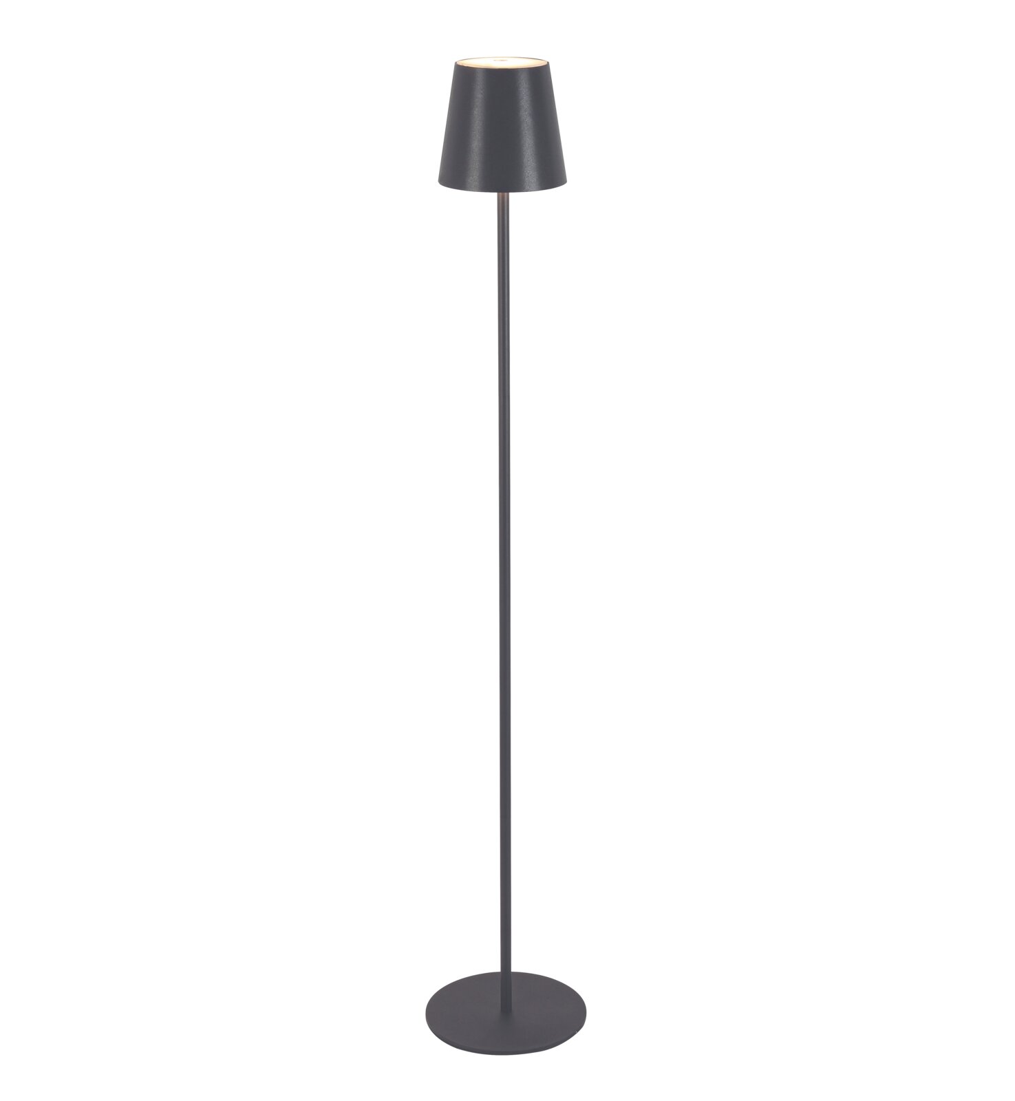 Schwarze Akku-Stehleuchte mit modernem Design, seitliche Perspektive
