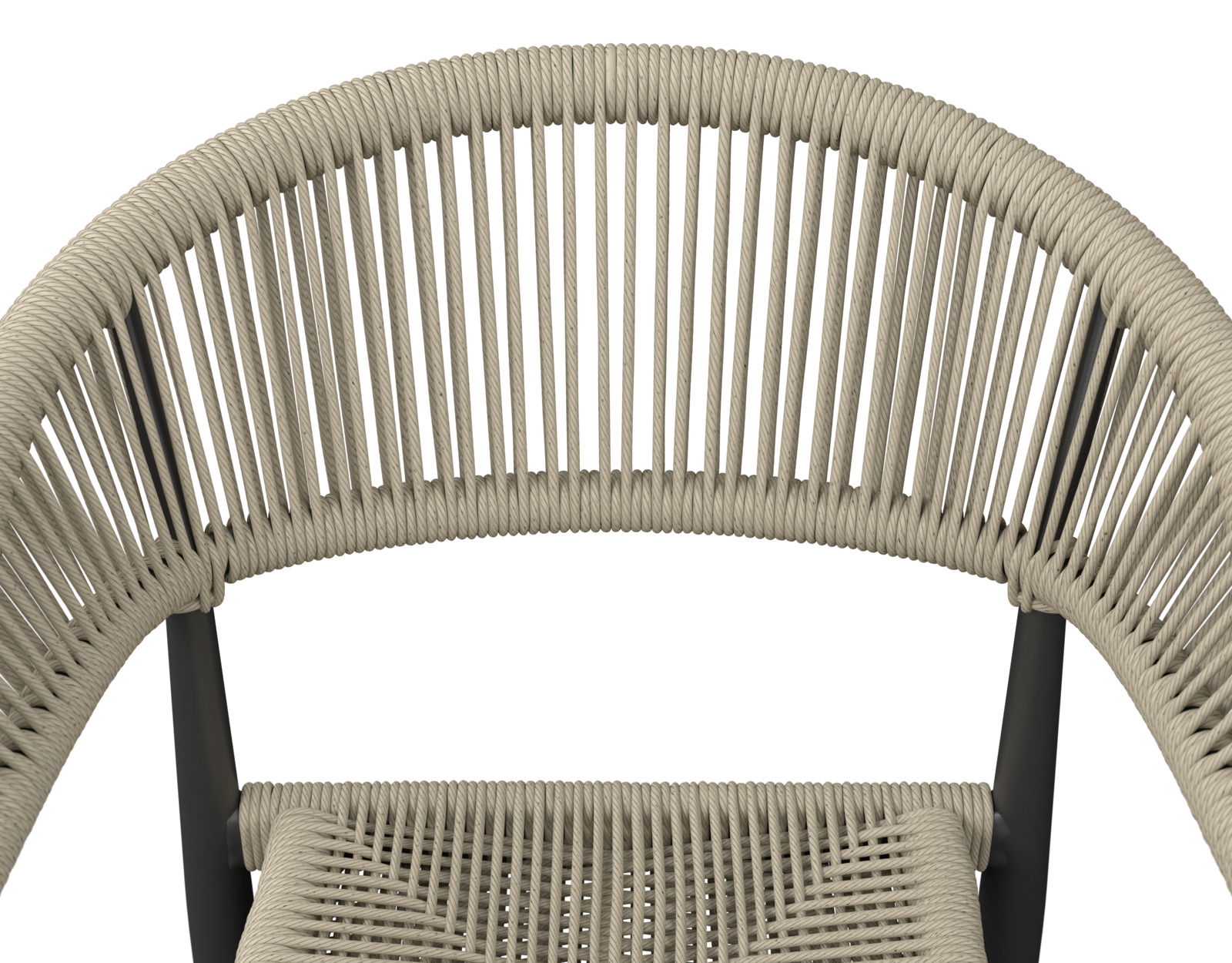 Nahaufnahme eines Stapelsessels mit beigem Seilgeflecht und schwarzem Rahmen, Ansicht von oben.