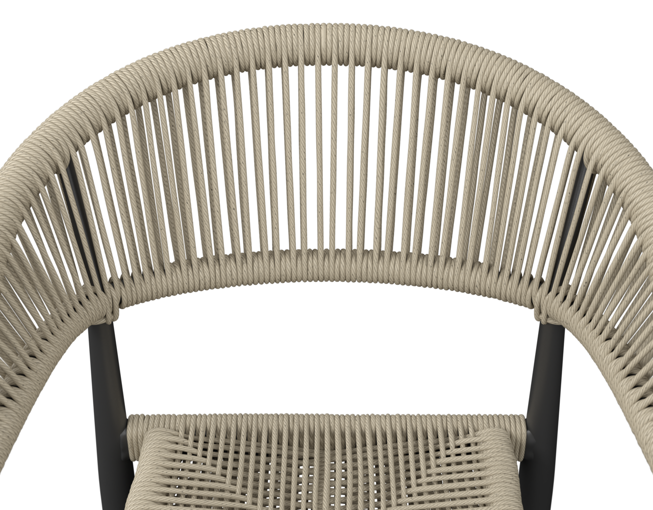 Nahaufnahme eines Stapelsessels mit beigem Seilgeflecht und schwarzem Rahmen, Ansicht von oben.