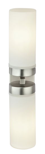Moderne Bad-Wandleuchte SPACE mit zylindrischem, zweifachem Leuchtkörper aus mattem Glas und Metallhalterung, frontal abgebildet.
