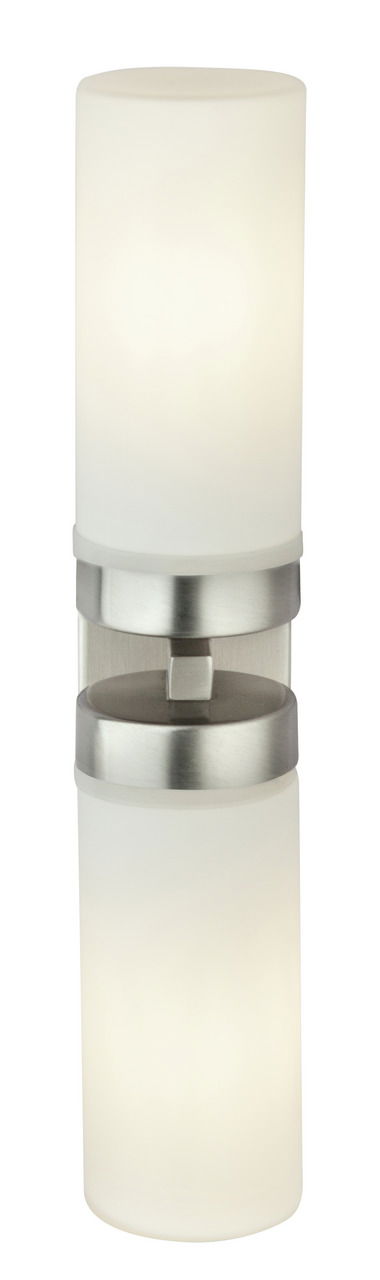 Moderne Bad-Wandleuchte SPACE mit zylindrischem, zweifachem Leuchtkörper aus mattem Glas und Metallhalterung, frontal abgebildet.