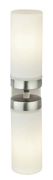Moderne Bad-Wandleuchte SPACE mit zylindrischem, zweifachem Leuchtkörper aus mattem Glas und Metallhalterung, frontal abgebildet.
