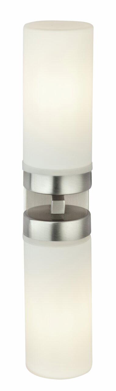 Moderne Bad-Wandleuchte SPACE mit zylindrischem, zweifachem Leuchtkörper aus mattem Glas und Metallhalterung, frontal abgebildet.