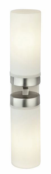 Moderne badkamerwandlamp SPACE met een cilindrische, dubbele lampkap van mat glas en een metalen beugel, hier van voren afgebeeld.