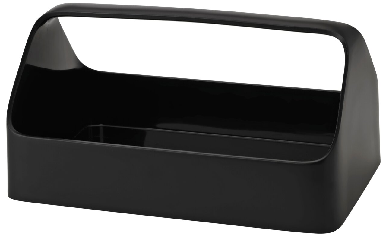 Schwarze Aufbewahrungsbox mit Griff, seitliche Perspektive