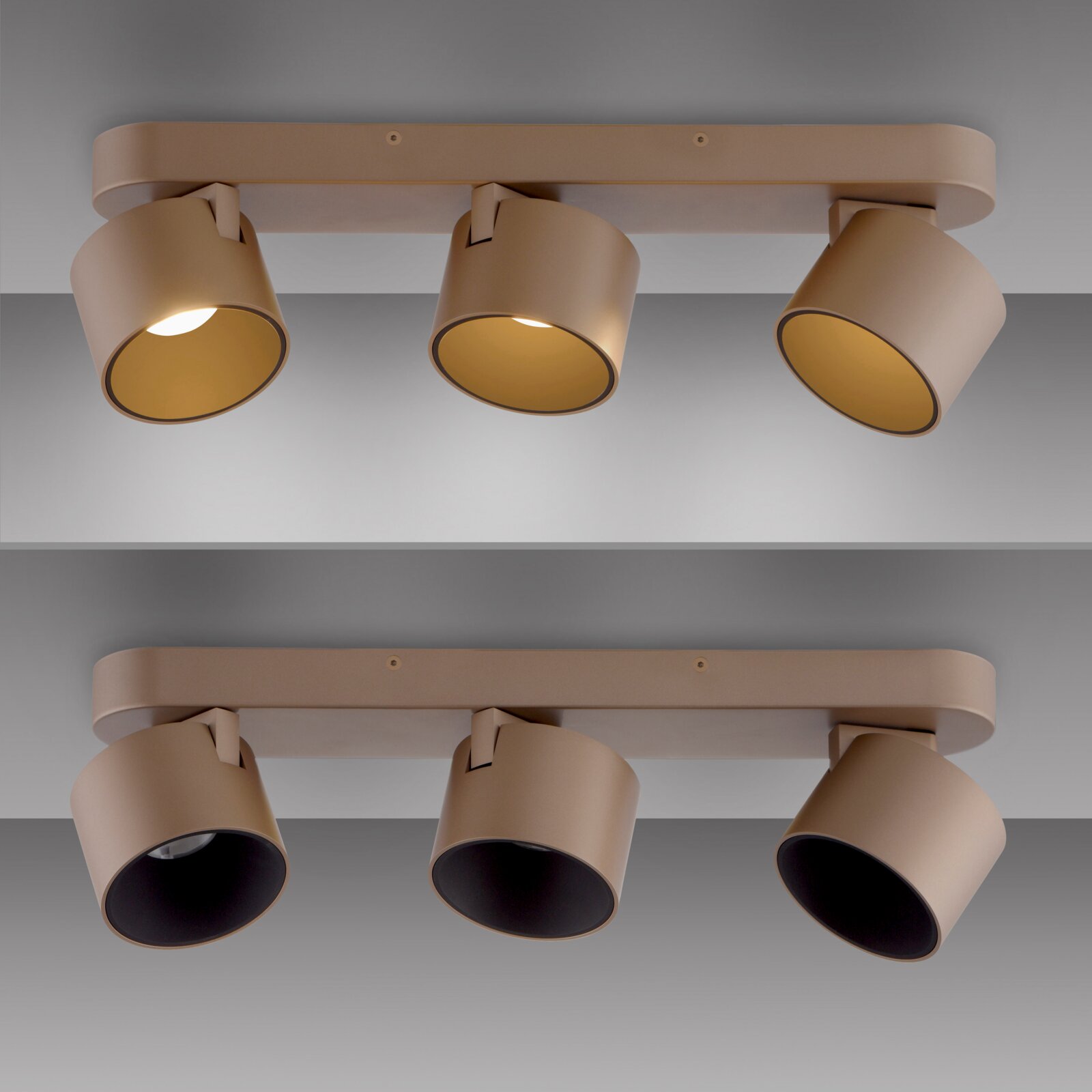 LED-Spot mit drei verstellbaren Leuchten in moderner, minimalistischer Ausführung, seitliche Perspektive