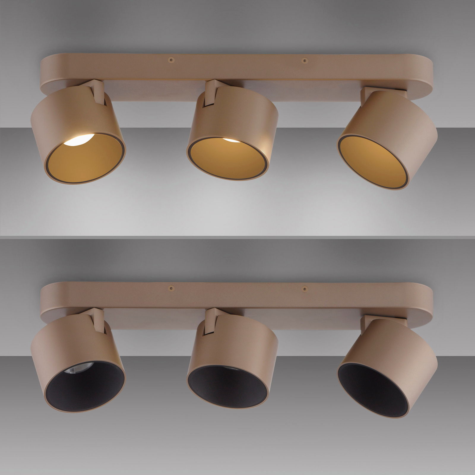 LED-Spot mit drei verstellbaren Leuchten in moderner, minimalistischer Ausführung, seitliche Perspektive
