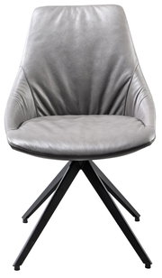 Moderner grauer Stuhl mit Lederbezug und schwarzem Metallgestell, Frontalansicht