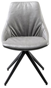 Moderner grauer Stuhl mit Lederbezug und schwarzem Metallgestell, Frontalansicht