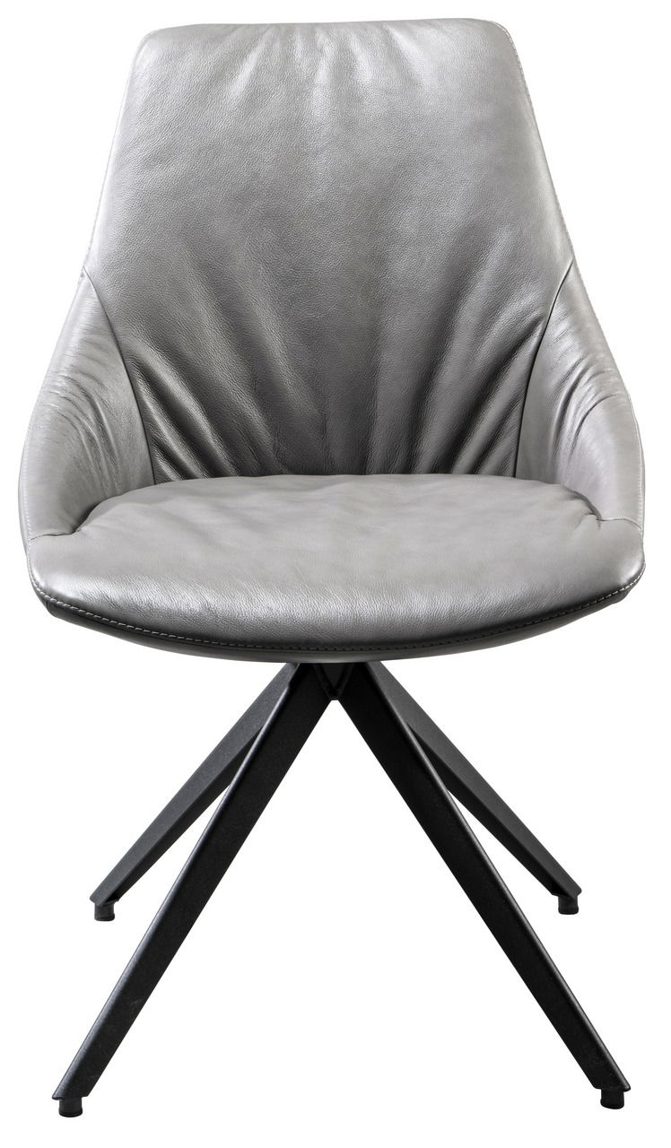 Moderner grauer Stuhl mit Lederbezug und schwarzem Metallgestell, Frontalansicht