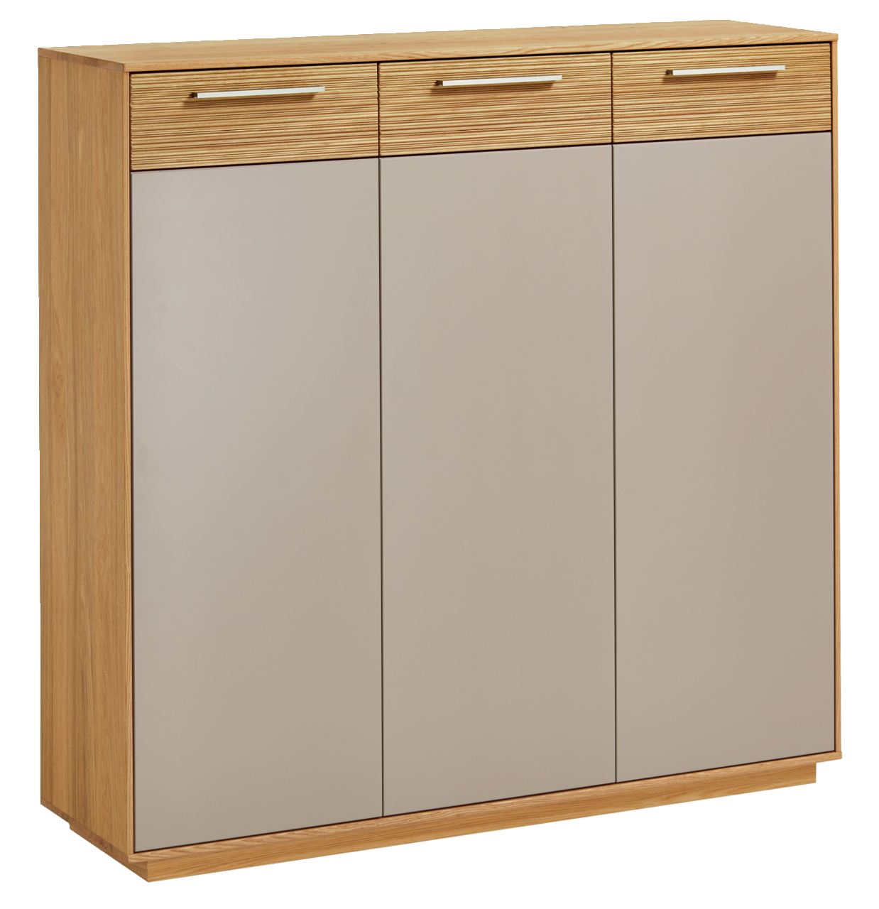 XL-Schuhkommode aus Holz mit drei Schubladen und drei Türen, frontal fotografiert