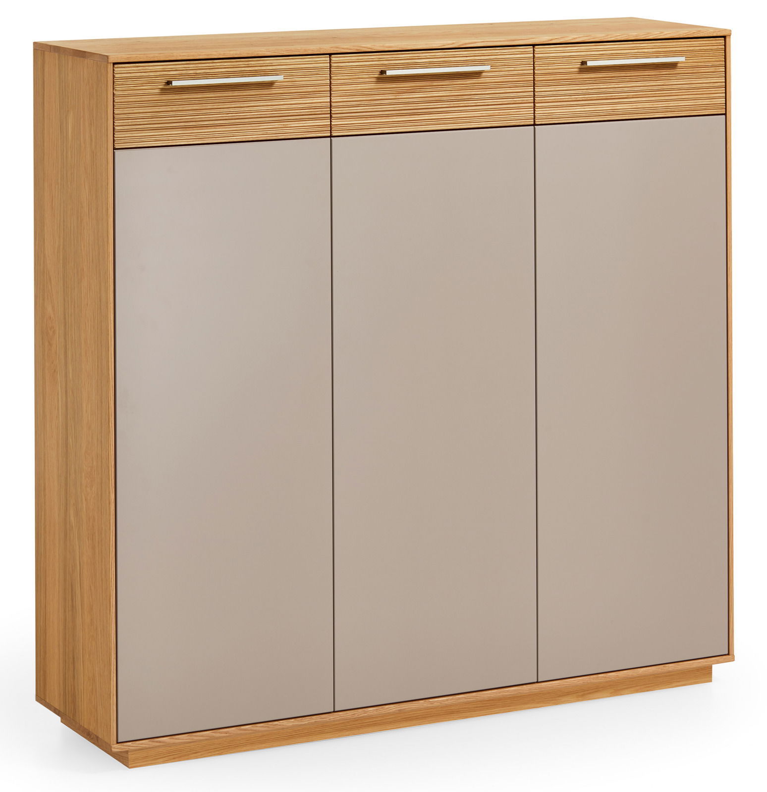 XL-Schuhkommode aus Holz mit drei Schubladen und drei Türen, frontal fotografiert