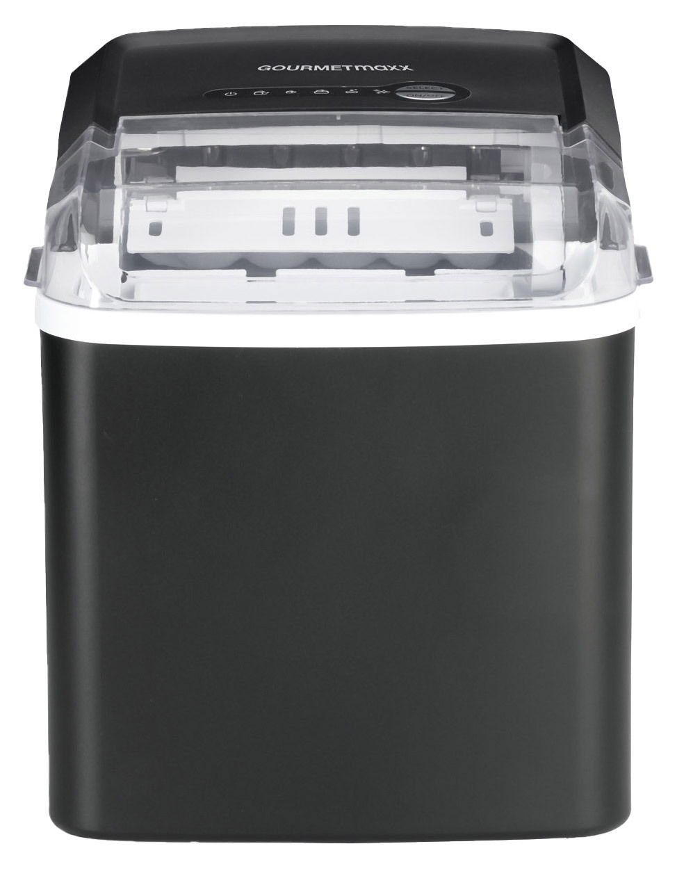 Schwarzer Eiswürfelbereiter mit transparentem Deckel, Vorderansicht