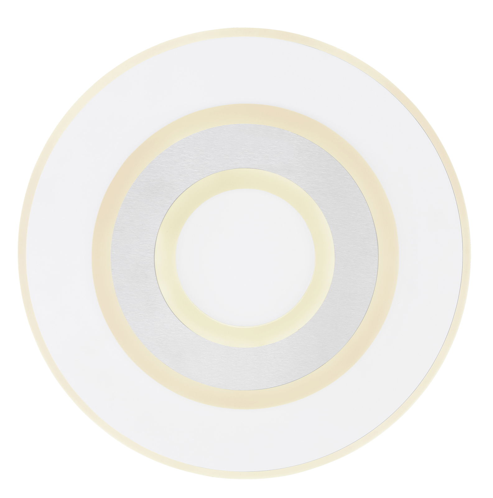 Runde Deckenleuchte MARU in Draufsicht mit konzentrischen Kreisen in Weiß und Silber.