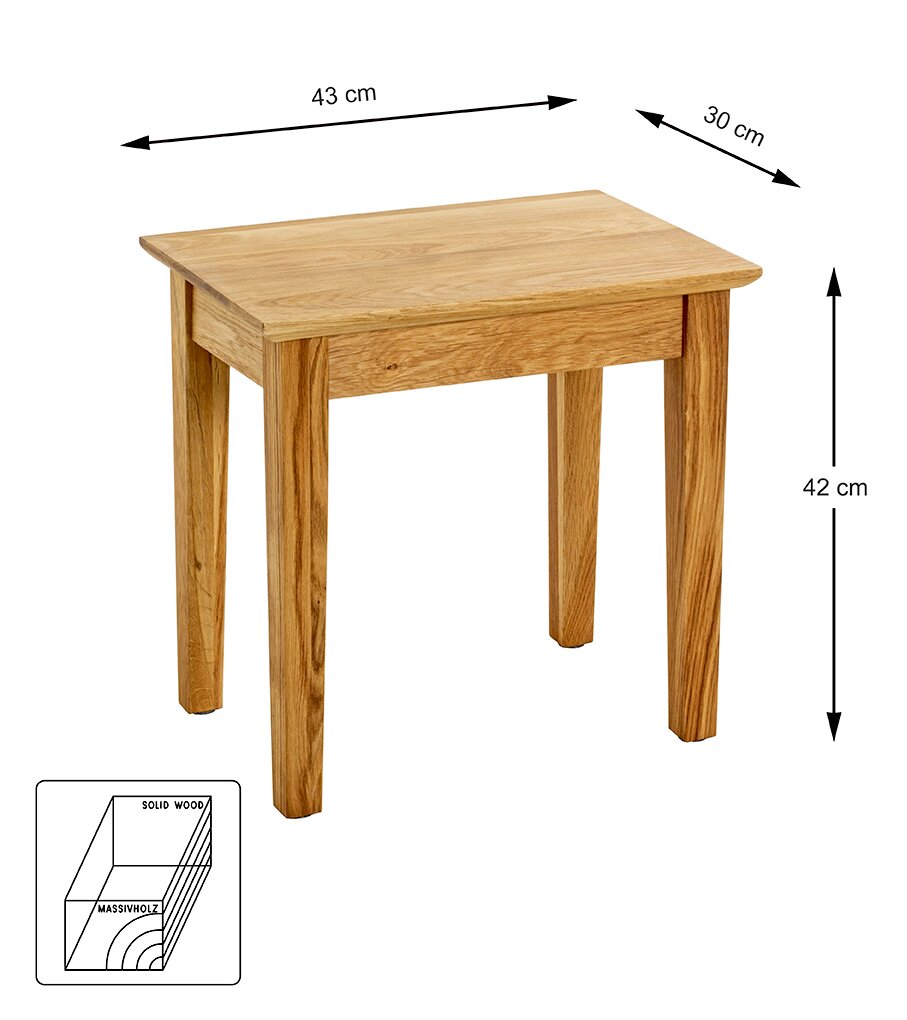 Kleiner Beistelltisch aus Massivholz in Naturholz-Optik, Maße ca. 43 x 30 x 42 cm, freigestellt auf weißem Hintergrund, perspektivische Frontansicht von schräg oben.