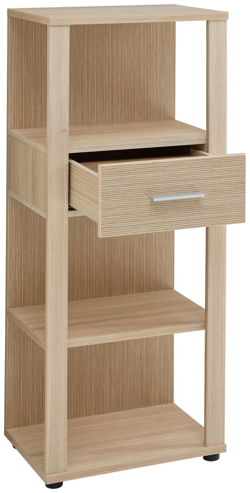 Holz-Aktenregal mit offener Schublade, seitliche Perspektive