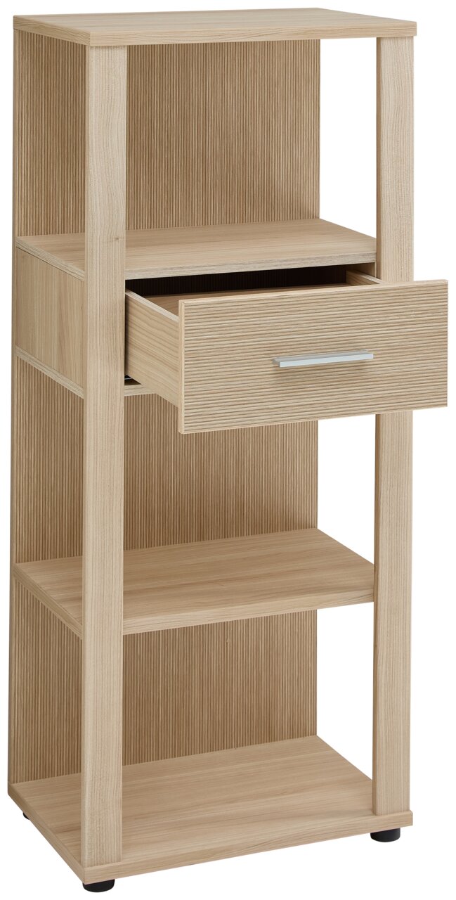Holz-Aktenregal mit offener Schublade, seitliche Perspektive