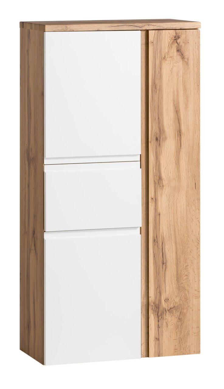 Midischrank 65 cm in Holzoptik mit weißen Fronten, seitliche Perspektive