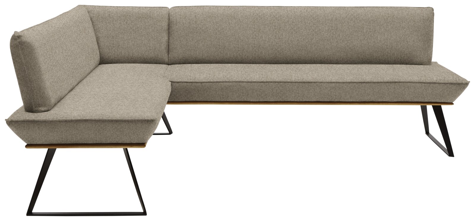 Eckbank in modernem Design mit grauem Stoffbezug und schwarzen Metallbeinen, seitliche Perspektive