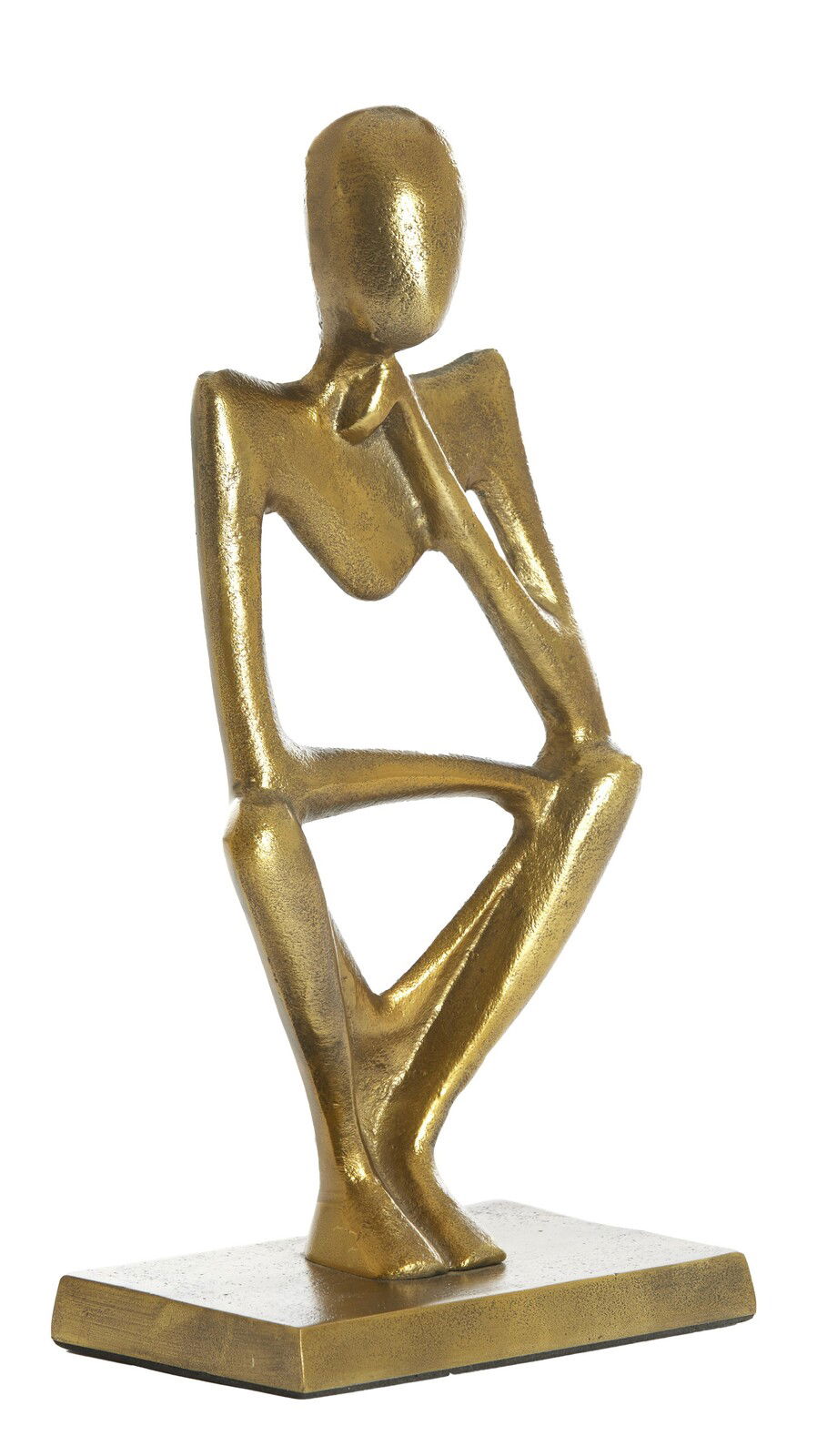 Goldene abstrakte Skulptur eines nachdenklichen Menschen auf einem Sockel, seitliche Perspektive