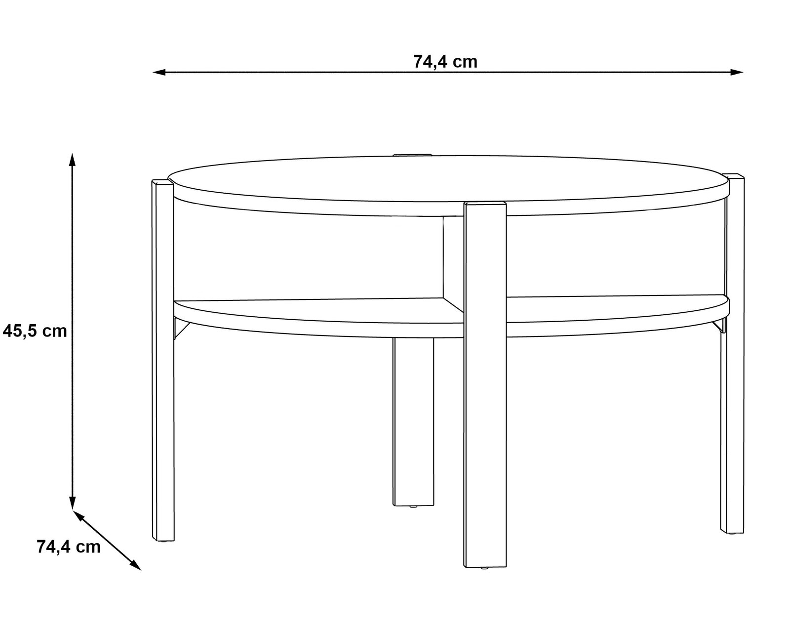 Runder Couchtisch mit zwei Ebenen, 74,4 cm Durchmesser, 45,5 cm Höhe, seitliche Perspektive