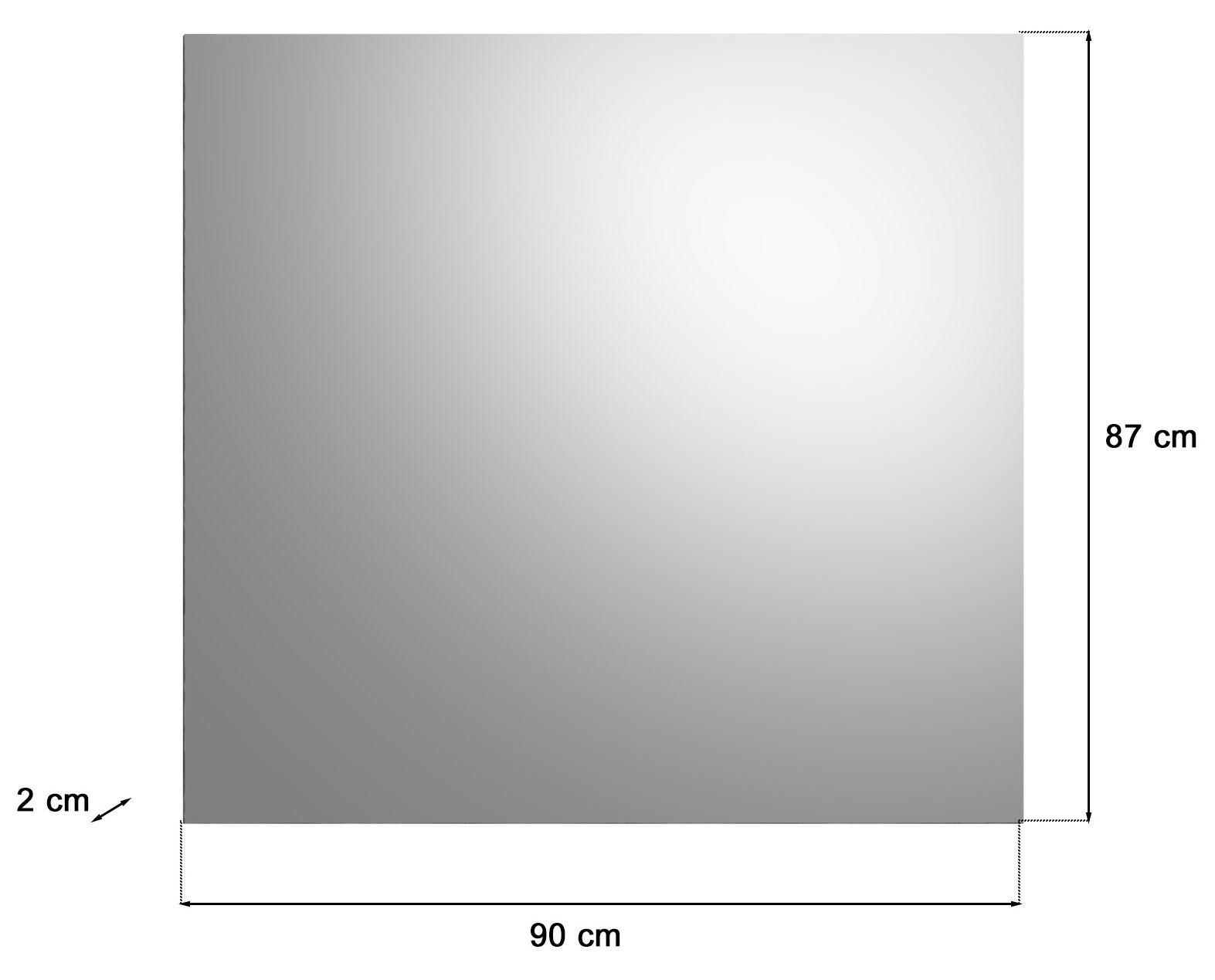 Quadratischer Spiegel mit den Maßen 90 cm x 87 cm x 2 cm, frontal abgebildet.