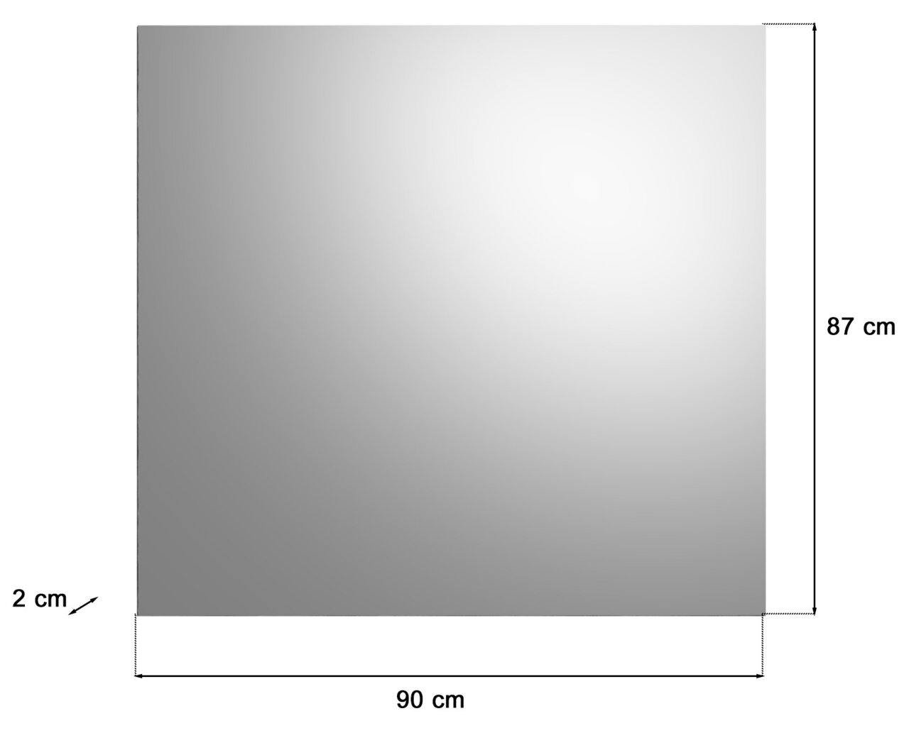Quadratischer Spiegel mit den Maßen 90 cm x 87 cm x 2 cm, frontal abgebildet.