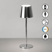 Moderne Akku-Tischleuchte ROXI in glänzendem Chrom-Design, frontal abgebildet mit Symbolen für wiederaufladbaren Akku, USB-Anschluss, Touch-Bedienung, einstellbare Farbtemperatur (CCT) und Schutzart IP44.