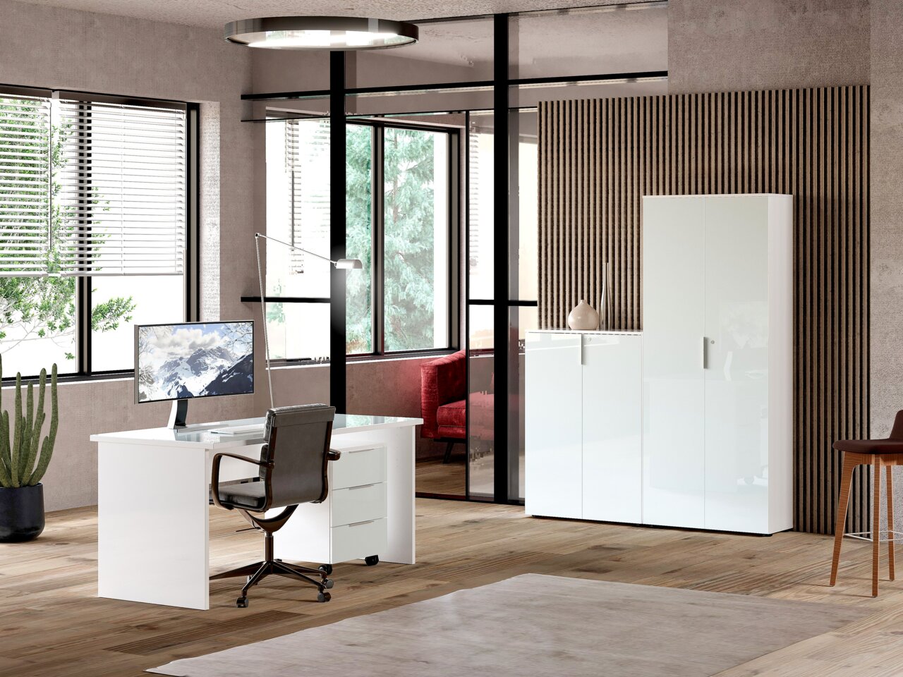 Stylife Aktenschrank hoch PADUA OFFICE PADUA OFFICE Moderner Büroraum mit weißem Schreibtisch, Bürostuhl und hohem Aktenschrank, seitliche Perspektive.