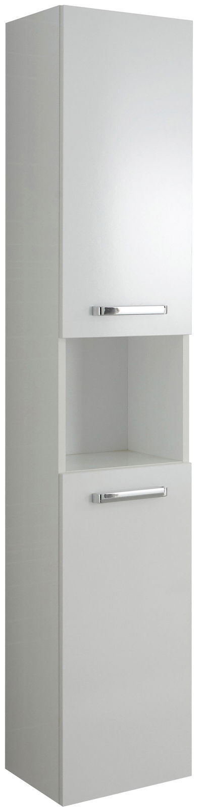 Hochschrank in weißer Farbe mit zwei Türen und einem offenen Fach, seitliche Perspektive