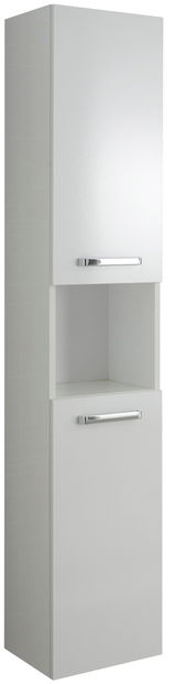 Hochschrank in weißer Farbe mit zwei Türen und einem offenen Fach, seitliche Perspektive