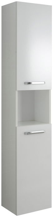 Hochschrank in weißer Farbe mit zwei Türen und einem offenen Fach, seitliche Perspektive