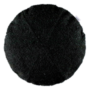 Rundes, schwarzes Zierkissen aus grobem Stoff, von oben betrachtet.