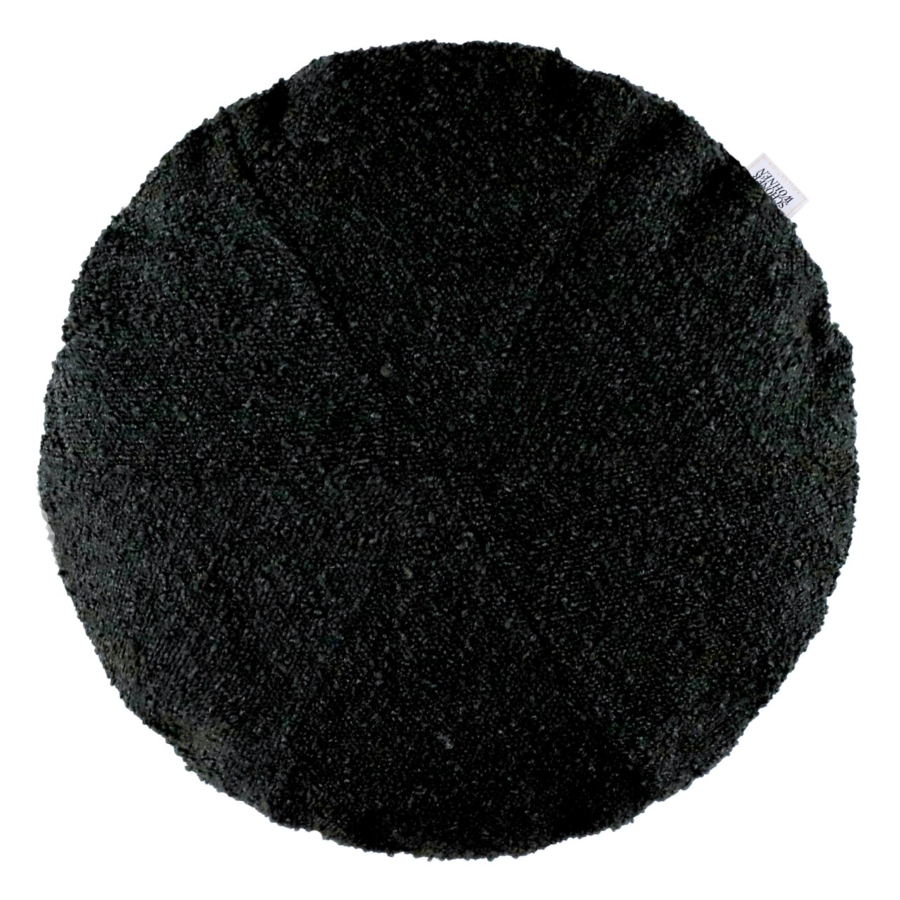 Rundes, schwarzes Zierkissen aus grobem Stoff, von oben betrachtet.