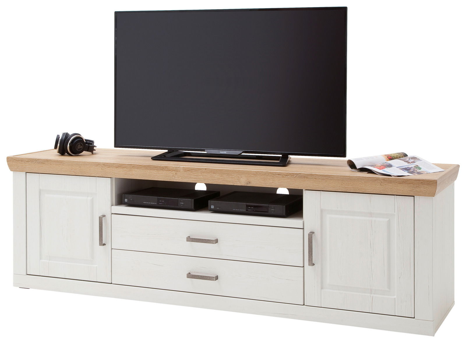 Landscape TV-Lowboard BREGENZ TV-Lowboard aus hellem Holz mit zwei Schubladen und zwei Türen, darauf ein großer Flachbildfernseher, seitliche Perspektive