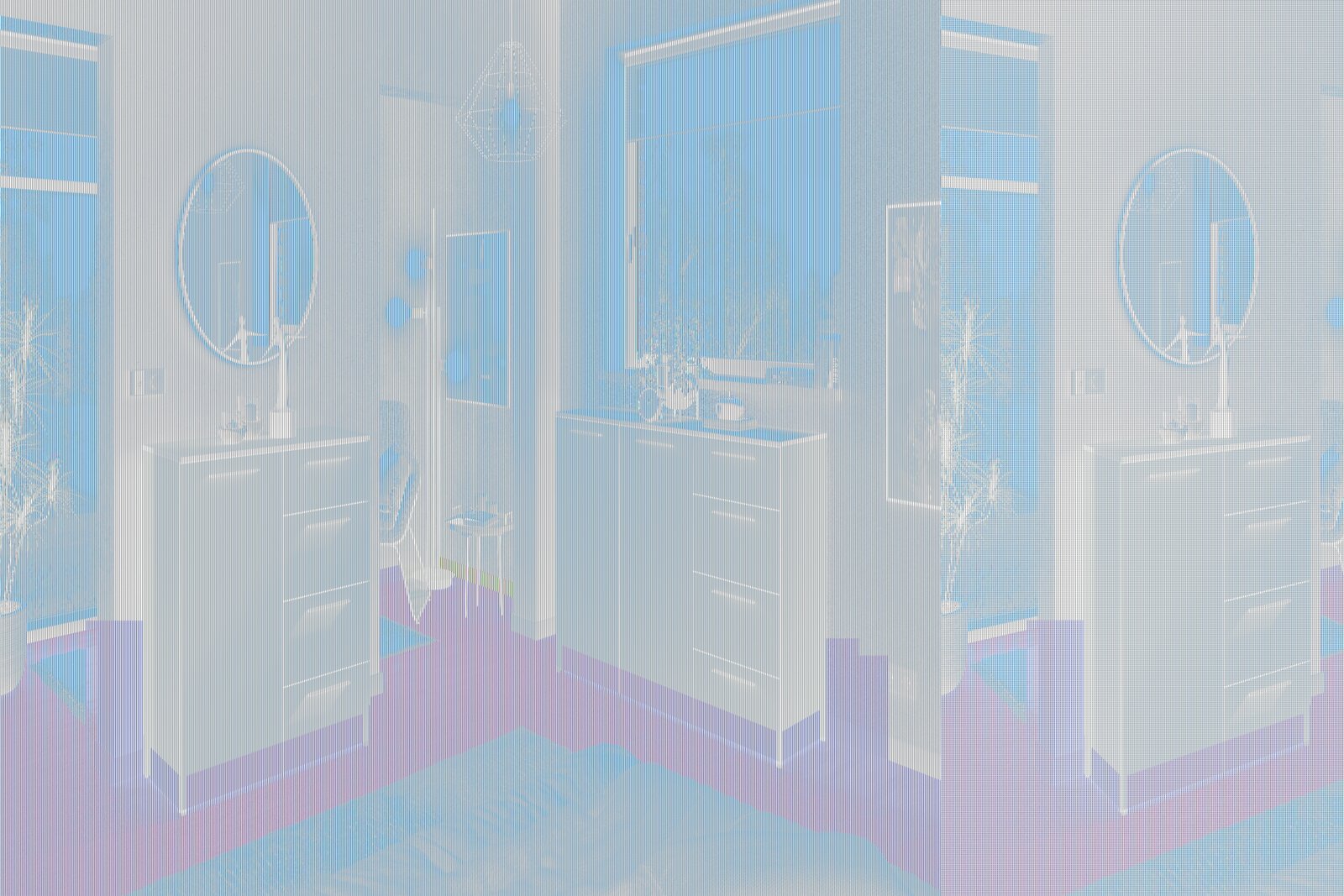 Zwei grüne Kommoden in einem modernen Schlafzimmer, eine mit Spiegel im Hintergrund, aus seitlicher Perspektive fotografiert.