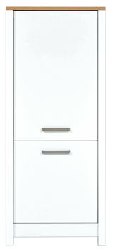 Weißer Kühlschrank-Umbau mit zwei Türen und silbernen Griffen, Frontalansicht