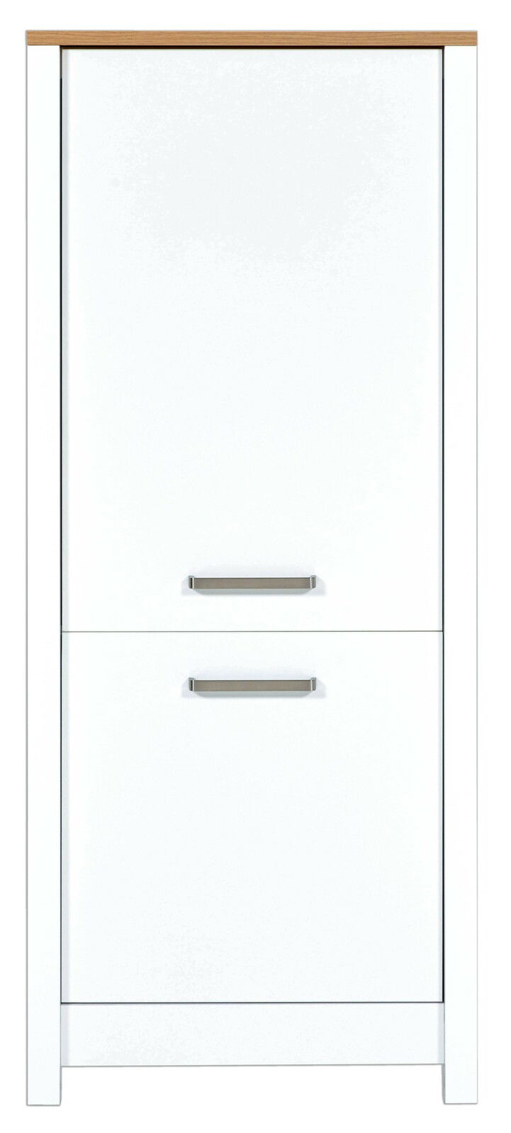 Weißer Kühlschrank-Umbau mit zwei Türen und silbernen Griffen, Frontalansicht